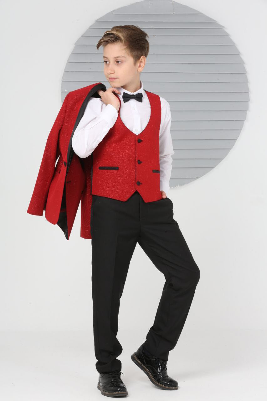 Red Pageboy Shimmery 5Piece Boy Tuxedo for Christmas, Weddings and Special Occasion Outfits